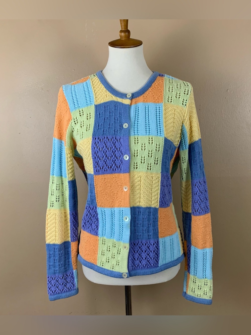 Vintage Talbots Cardigan Womens Small Open Knit Patchwork Colorful Preppy Granny